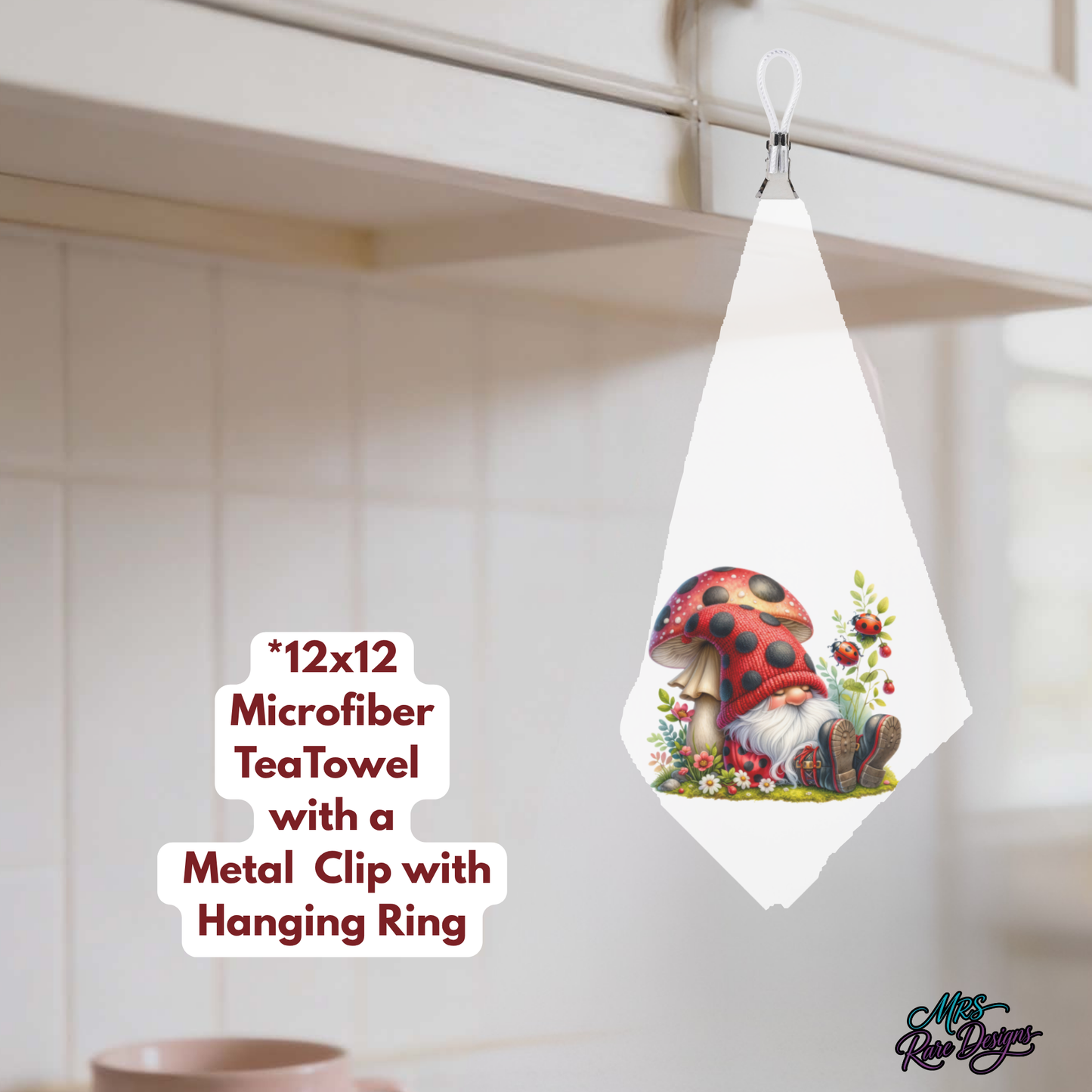 Whimsical Ladybug Gnome Microfiber Tea Towel with Hanging Loop & Metal Clip (12x12)