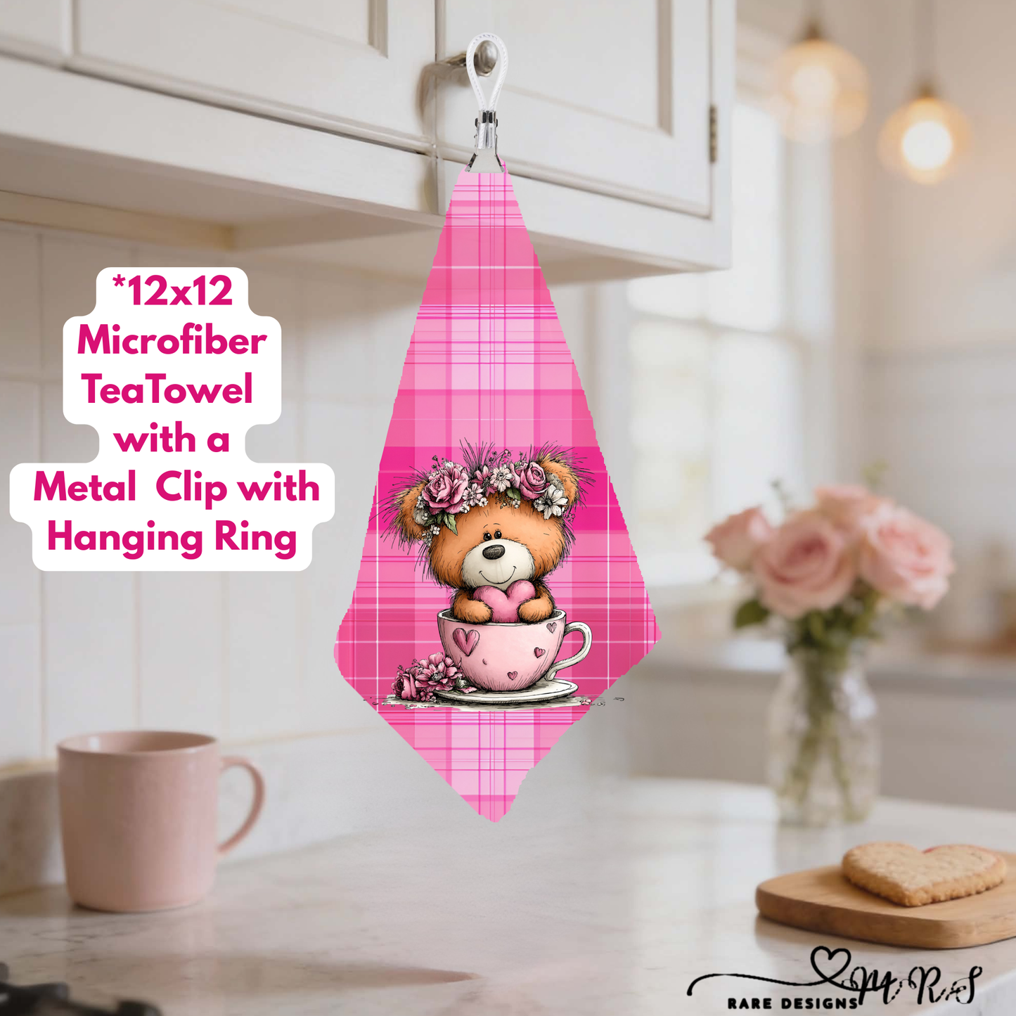 Adorable Teddy Bear Valentine Tea Towel Collection – 12×12 Microfiber Towels with Hanging Clip