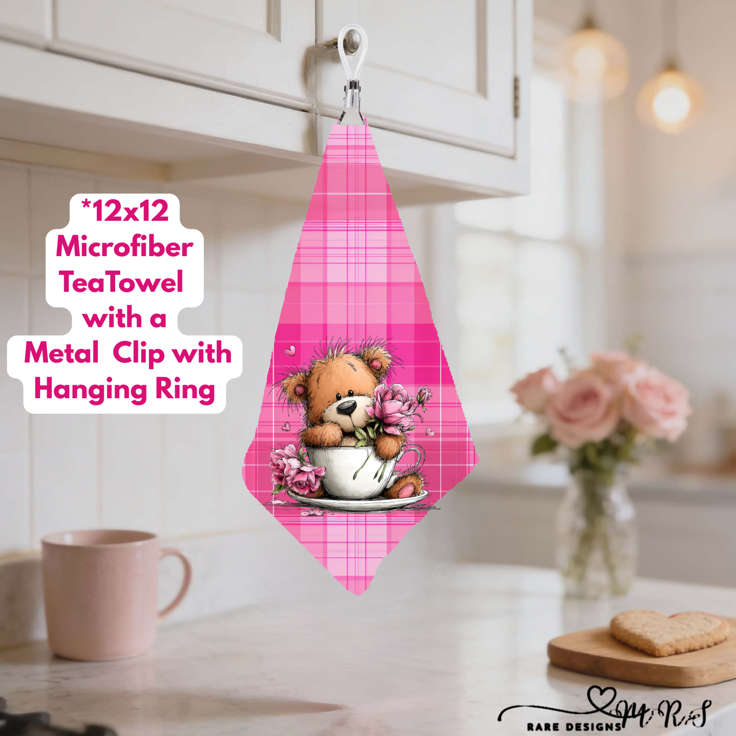 Adorable Teddy Bear Valentine Tea Towel Collection – 12×12 Microfiber Towels with Hanging Clip