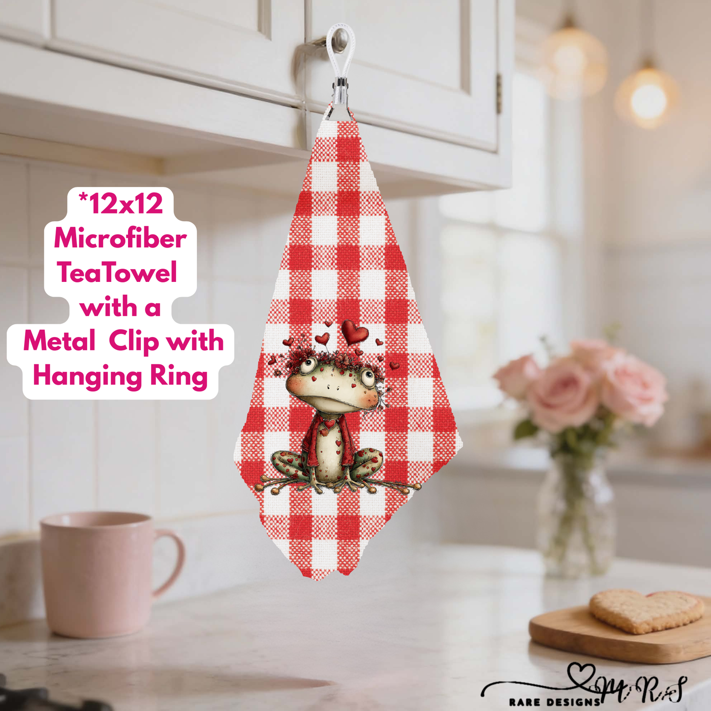 Whimsical Love Frogs – 12x12 Microfiber Tea Towel Collection with Metal Clip & Hanging Ring