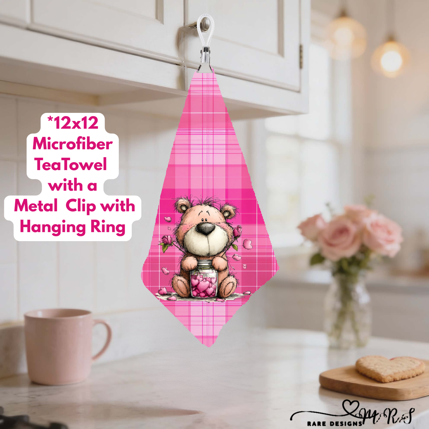Adorable Teddy Bear Valentine Tea Towel Collection – 12×12 Microfiber Towels with Hanging Clip