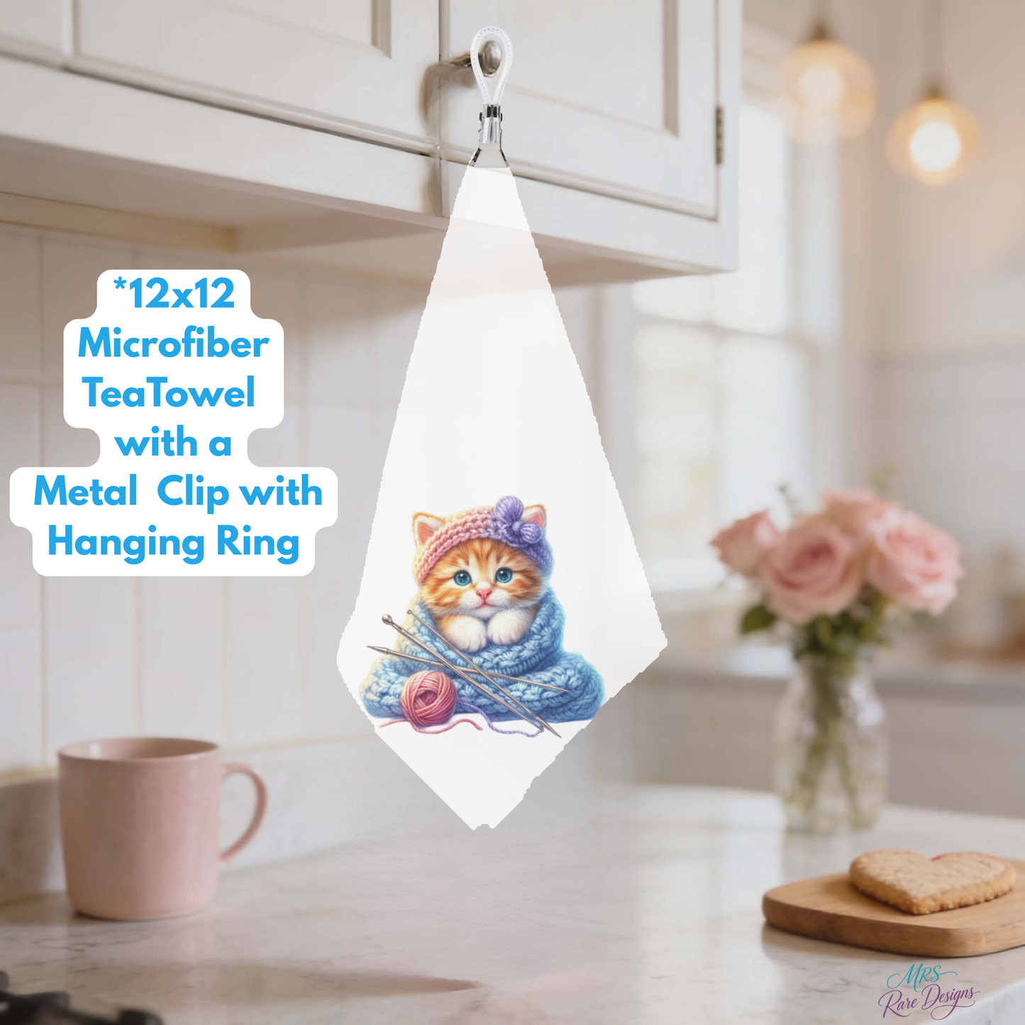 Knitting Kittens Microfiber Tea Towel Collection – 12x12 Decorative Kitchen Towels with Metal Clip & Hanging Ring