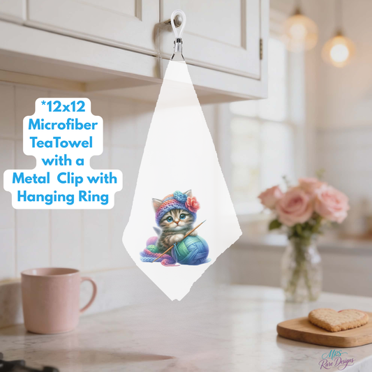 Knitting Kittens Microfiber Tea Towel Collection – 12x12 Decorative Kitchen Towels with Metal Clip & Hanging Ring