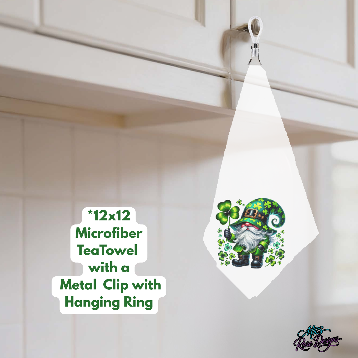 Lucky Gnome Hanging Tea Towel – 12x12 Microfiber Kitchen Cloth with Metal Clip & Shamrock Design