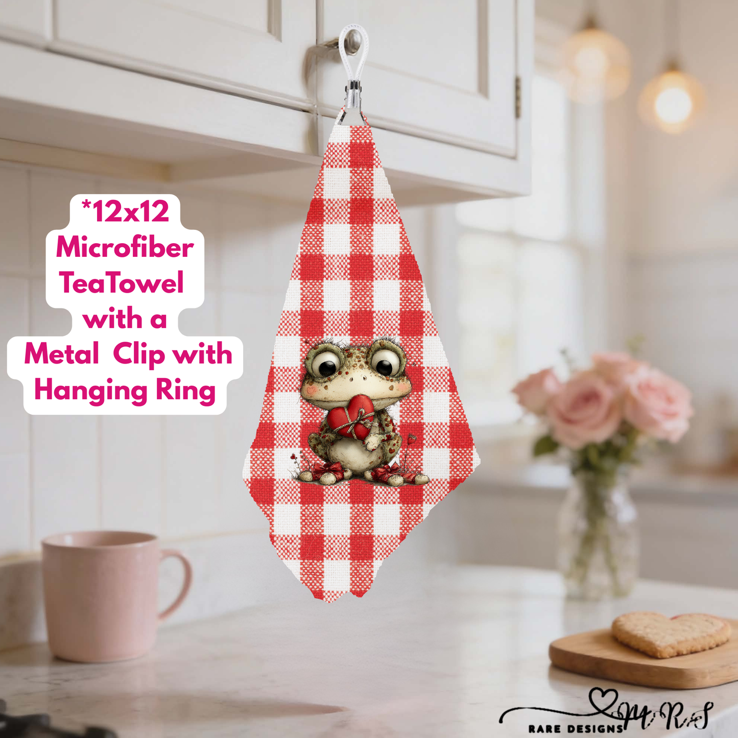 Whimsical Love Frogs – 12x12 Microfiber Tea Towel Collection with Metal Clip & Hanging Ring