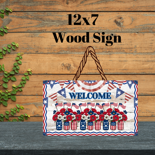 Patriotic Floral Welcome Wood Sign | 12x7