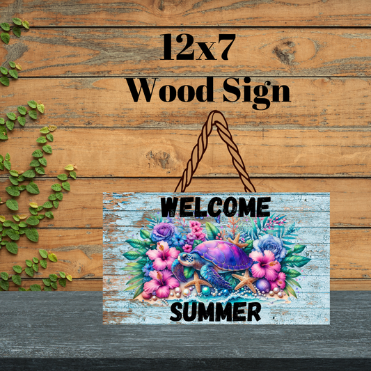 Welcome Summer Coastal Turtle Wood Sign