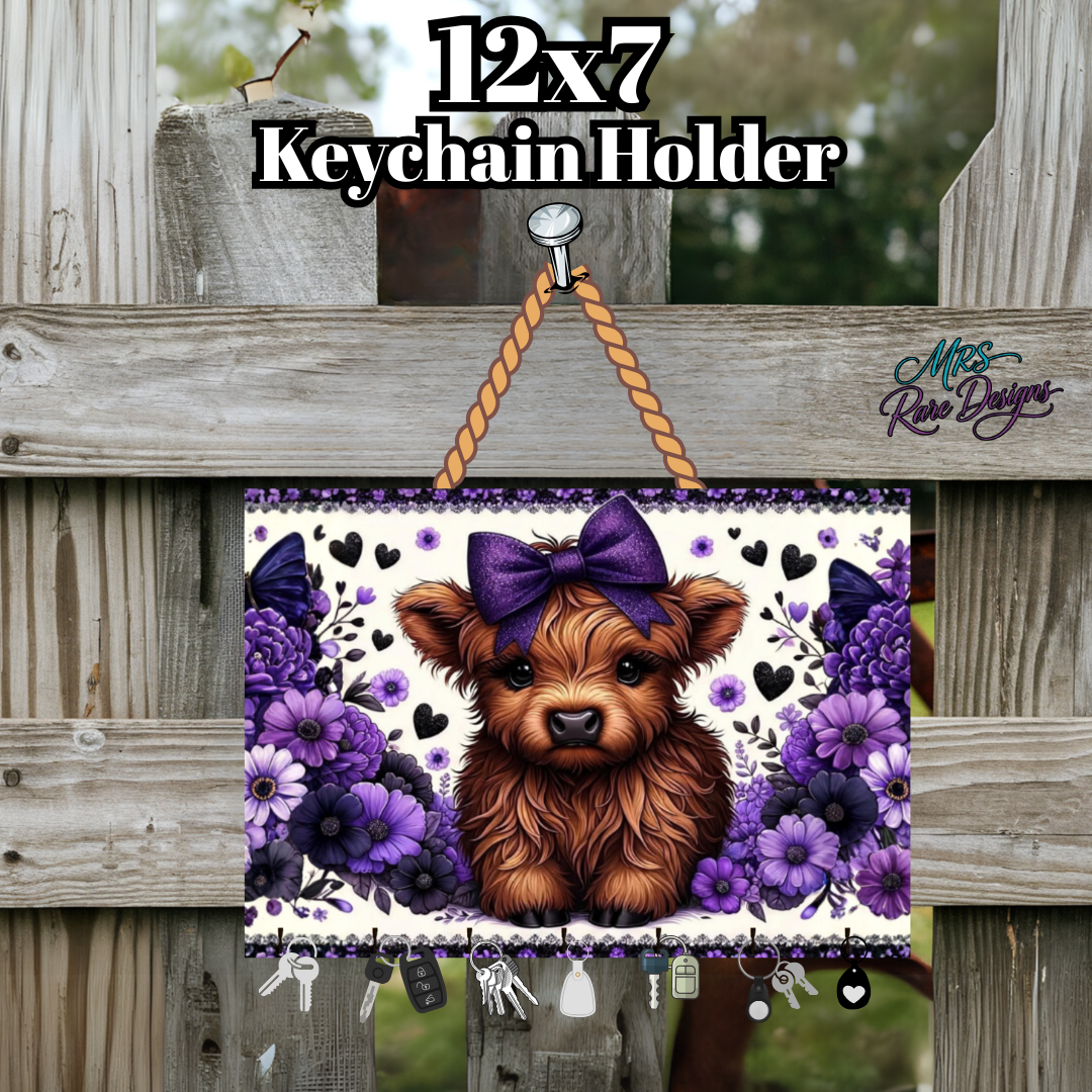 Highland Cow Floral Keychain Holder – 12x7 Rustic Farmhouse Wall Key Rack with Hooks for Keys & Accessories