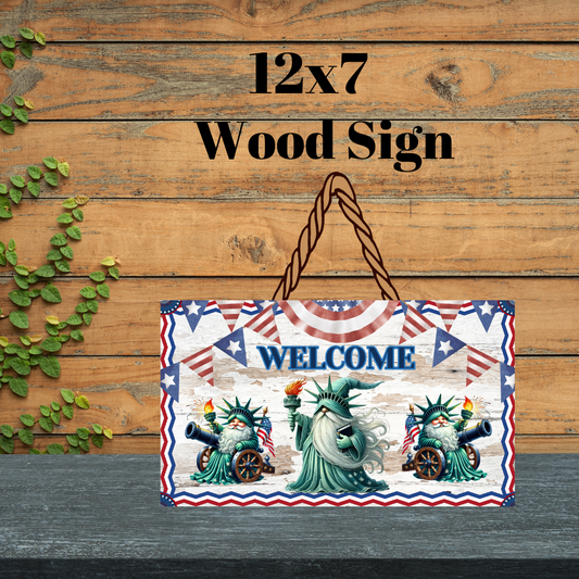 Statue of Liberty Gnome Welcome Wood Sign Collection | 12x7