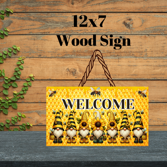 🐝 Bee Happy Gnome Welcome 12x7 Wood Sign