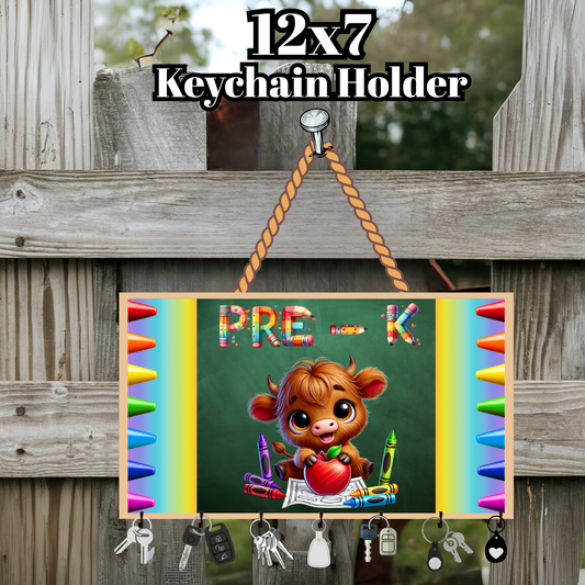 Back-to-School Highland Cow Keychain Holder Collection – Pre-K through 5th Grade (12x7 Wood)