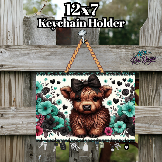 Highland Cow Floral Keychain Holder – 12x7 Rustic Farmhouse Wall Key Rack with Hooks for Keys & Accessories