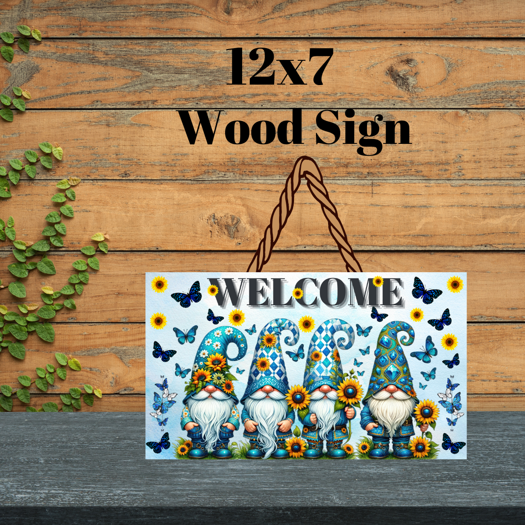 🦋 Blue Butterfly Gnome Welcome 12x7 Wood Sign