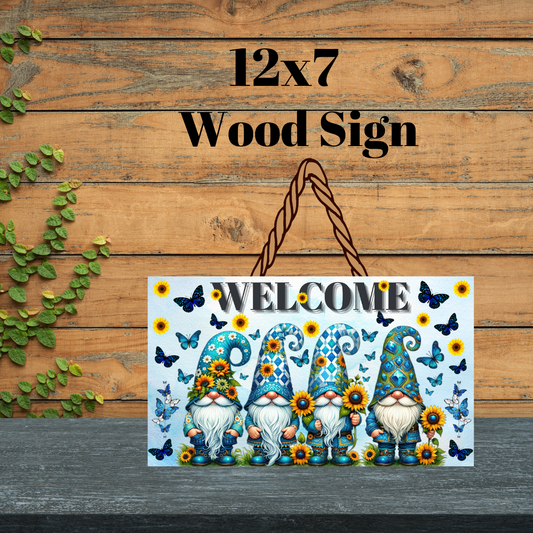 🦋 Blue Butterfly Gnome Welcome 12x7 Wood Sign