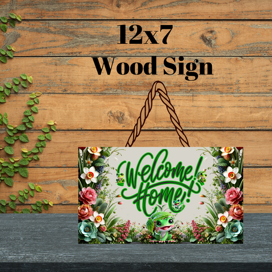 Whimsical "Welcome Home" Floral Wood Sign – 12"x7"