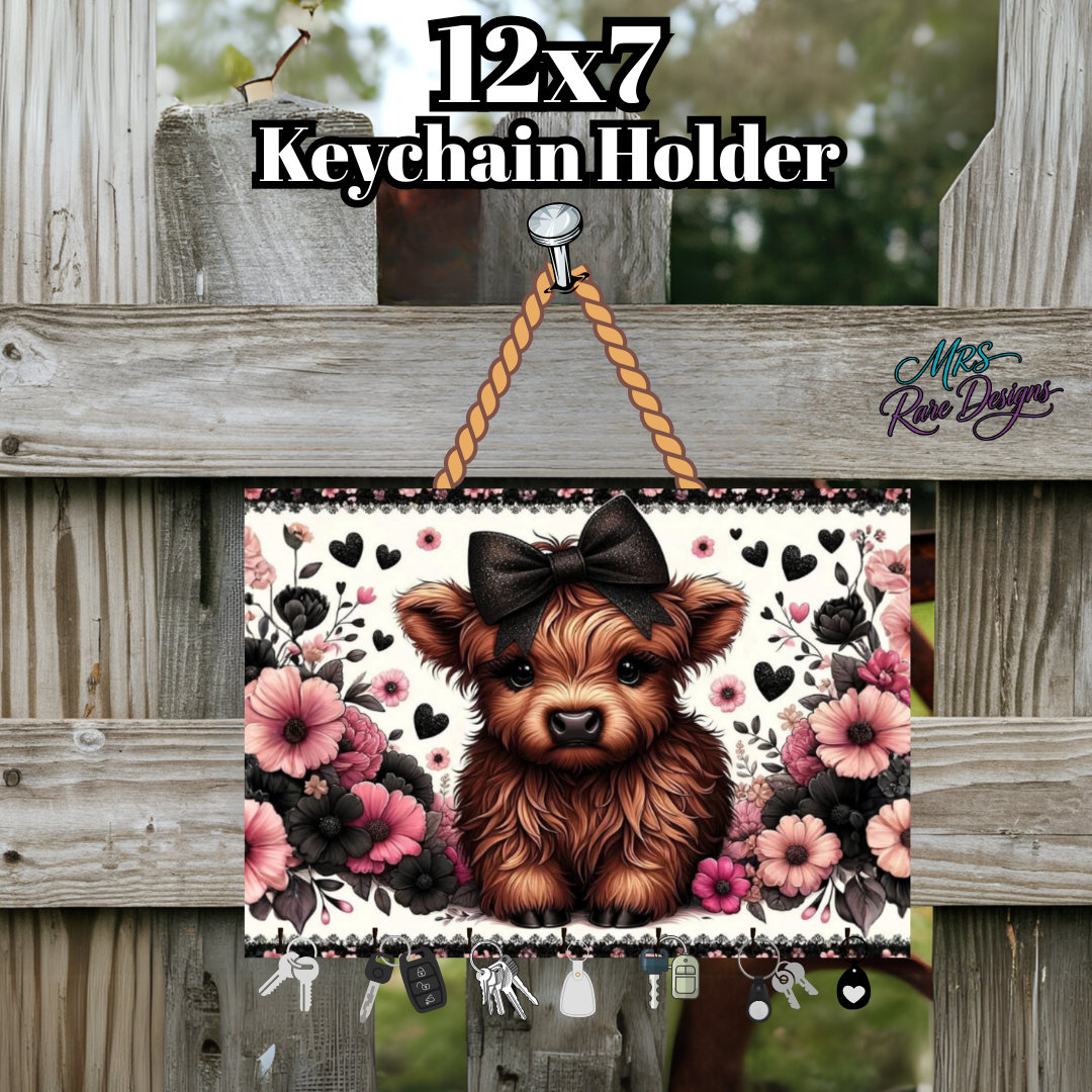 Highland Cow Floral Keychain Holder – 12x7 Rustic Farmhouse Wall Key Rack with Hooks for Keys & Accessories