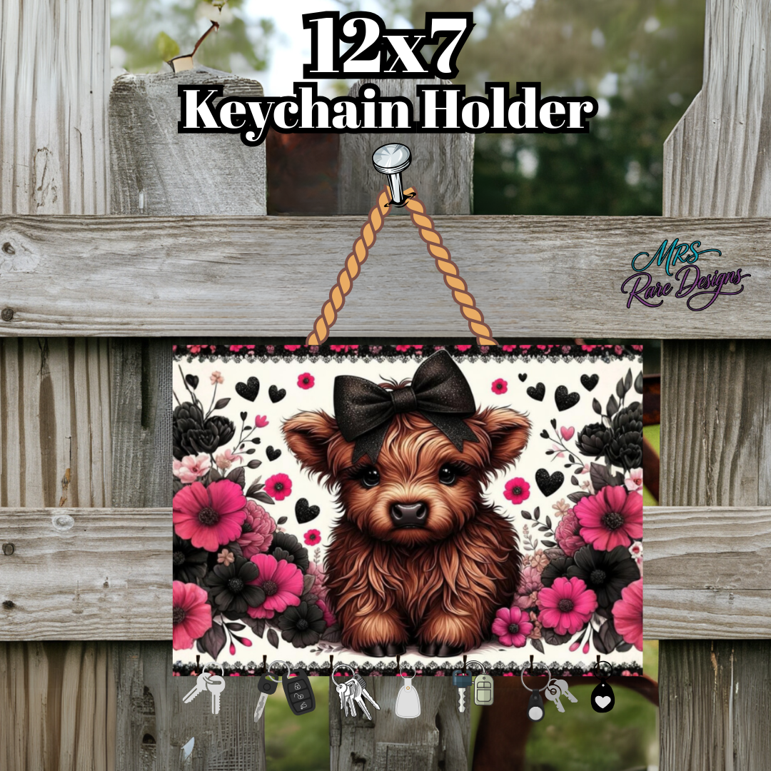 Highland Cow Floral Keychain Holder – 12x7 Rustic Farmhouse Wall Key Rack with Hooks for Keys & Accessories