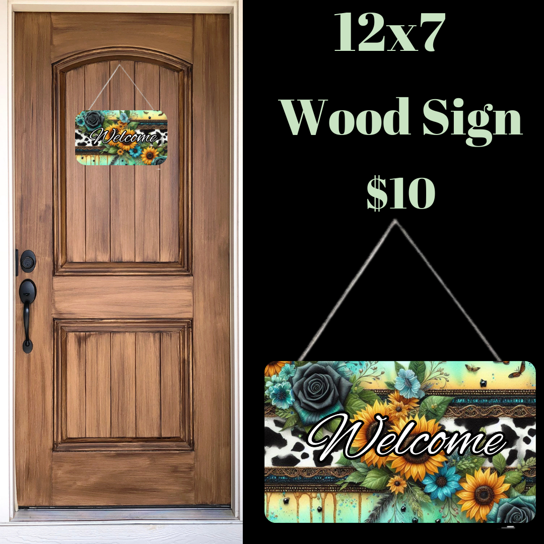 Sunflower and Cow Print "Welcome" Wood Sign