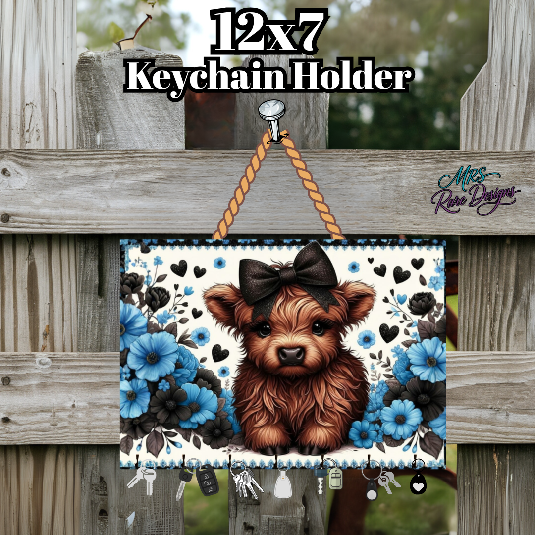 Highland Cow Floral Keychain Holder – 12x7 Rustic Farmhouse Wall Key Rack with Hooks for Keys & Accessories