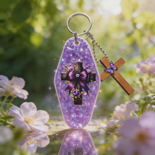 Radiant Faith Cross Keychain Set – Purple Sparkle Resin & Wooden Butterfly Cross