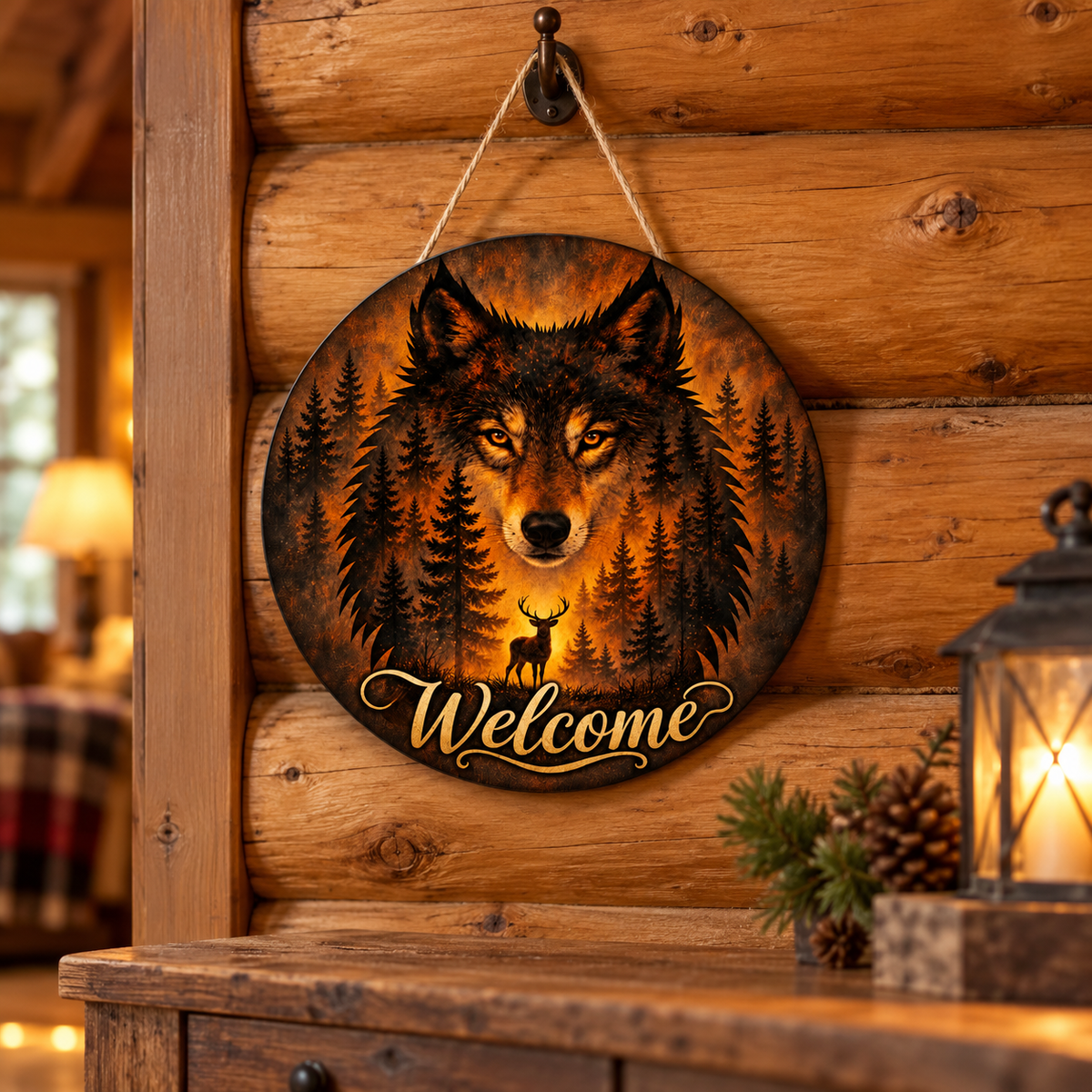 Amber Wilderness Wolf 10-Inch Welcome Sign