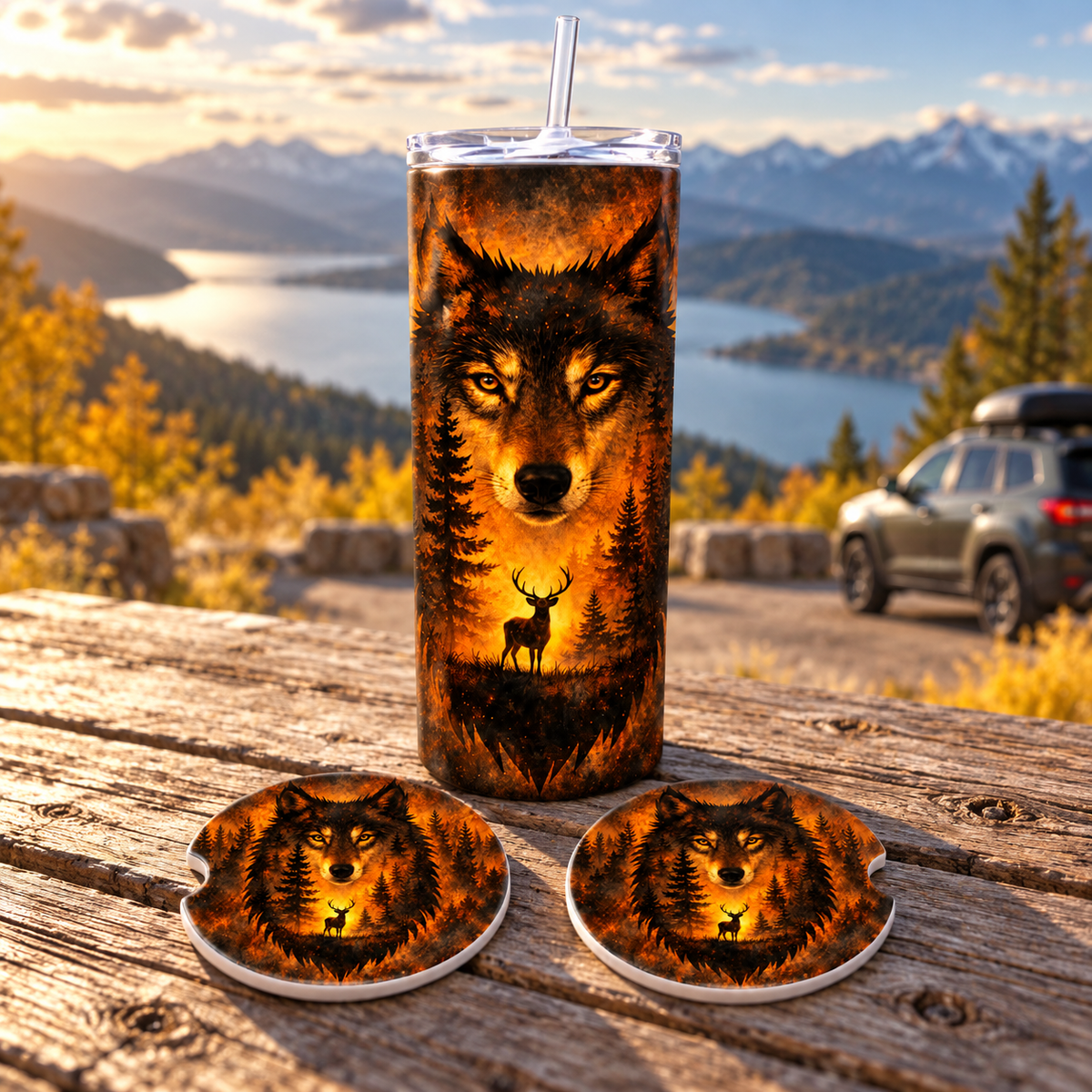 Amber Wilderness Wolf 30-Ounce Tumbler & Car Coaster Gift Set