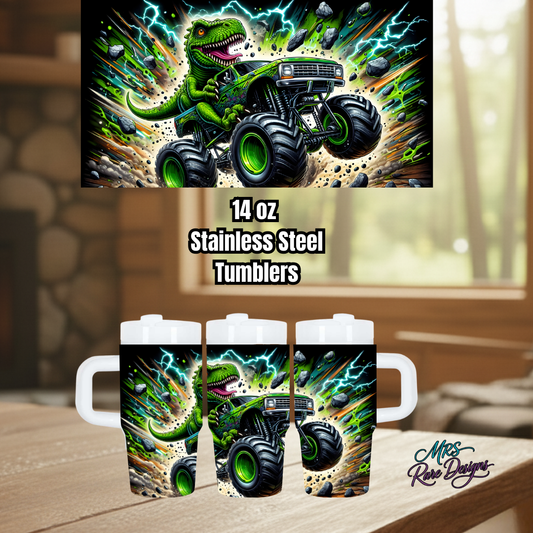 14oz Stainless Steel Kids Tumbler – T-Rex Monster Truck Edition by MRS Rare Designs (Leak-Proof with Handle & Straw Lid)