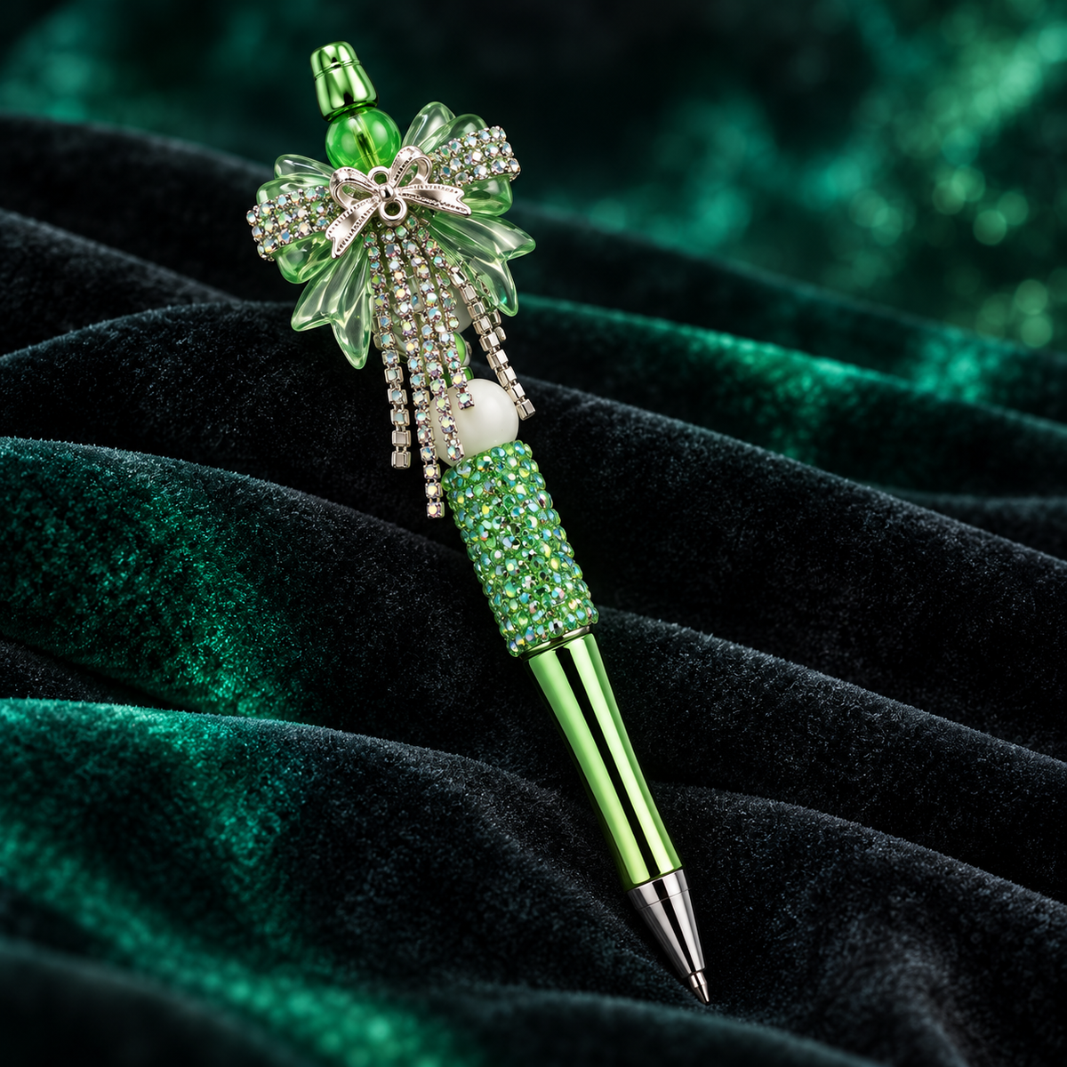 Emerald Sparkle Green Rhinestone Bow Pen