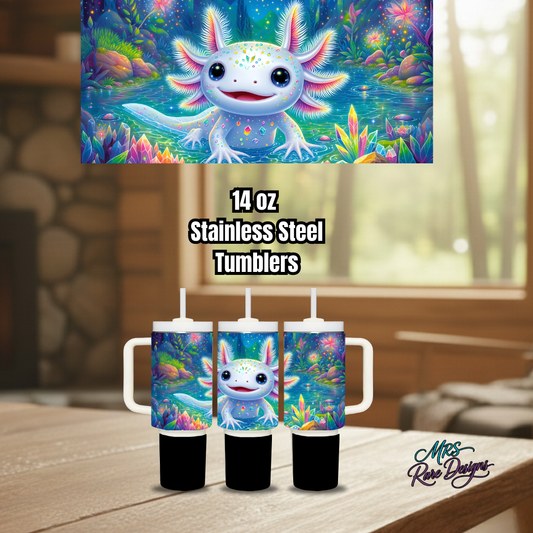 Cute Axolotl 14oz Stainless Steel Tumbler with Handle and Straw – Leak-Proof Insulated Kids Mug by Mrs. Rare Designs