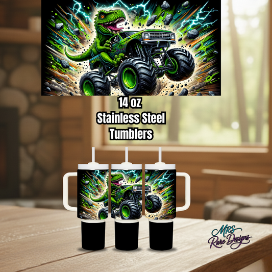 14oz Stainless Steel Kids Tumbler – T-Rex Monster Truck Edition by MRS Rare Designs (Leak-Proof with Handle & Straw Lid)