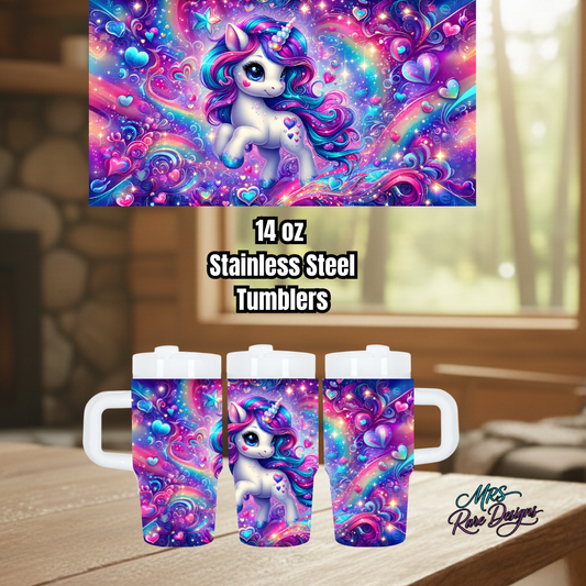14oz Stainless Steel Unicorn Tumbler with Handle & Straw – Magical Rainbow Hearts Design by Mrs Rare Designs