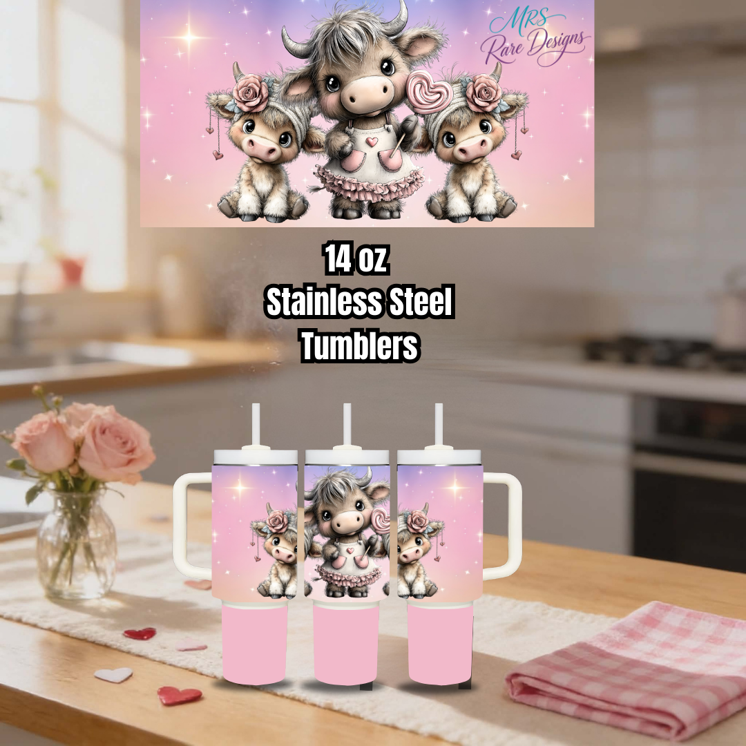 Cute Cow Family 14oz Stainless Steel Tumbler – Pink Pastel “Love You” Design