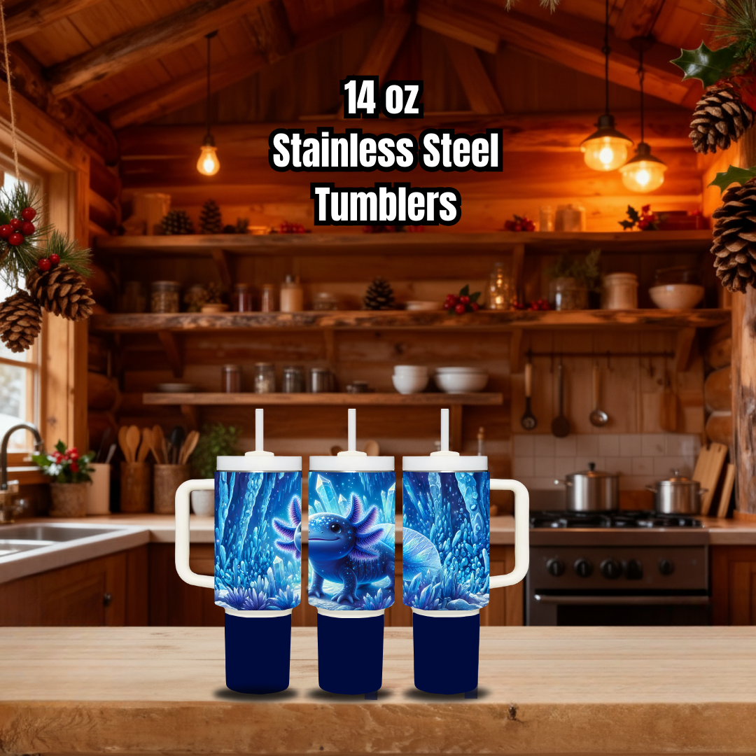 Axolotl Lotus Bloom & Sapphire Crystal 14oz Stainless Steel Tumbler Set