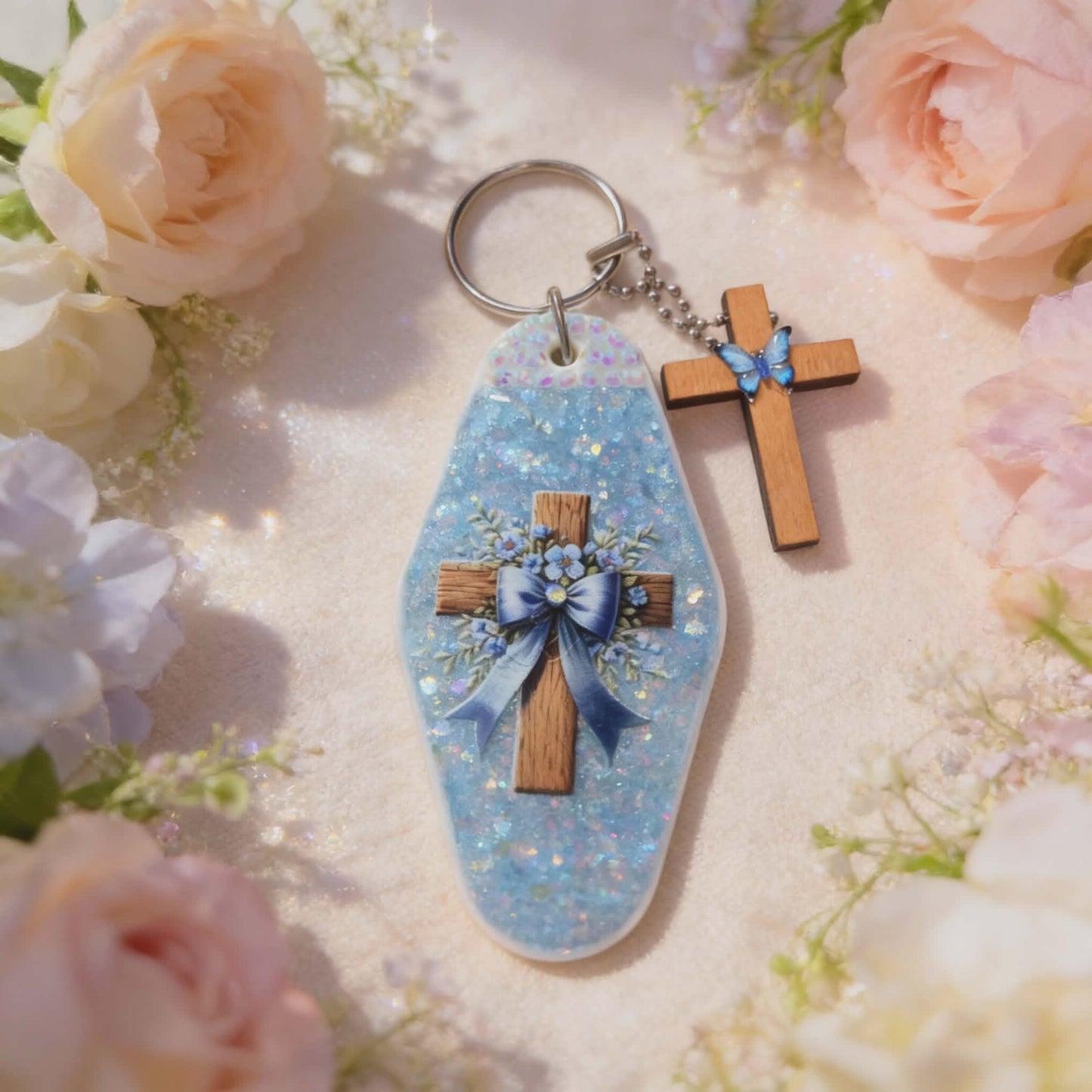 Blue Serenity Cross Keychain Set – Sparkling Resin & Wooden Butterfly Cross