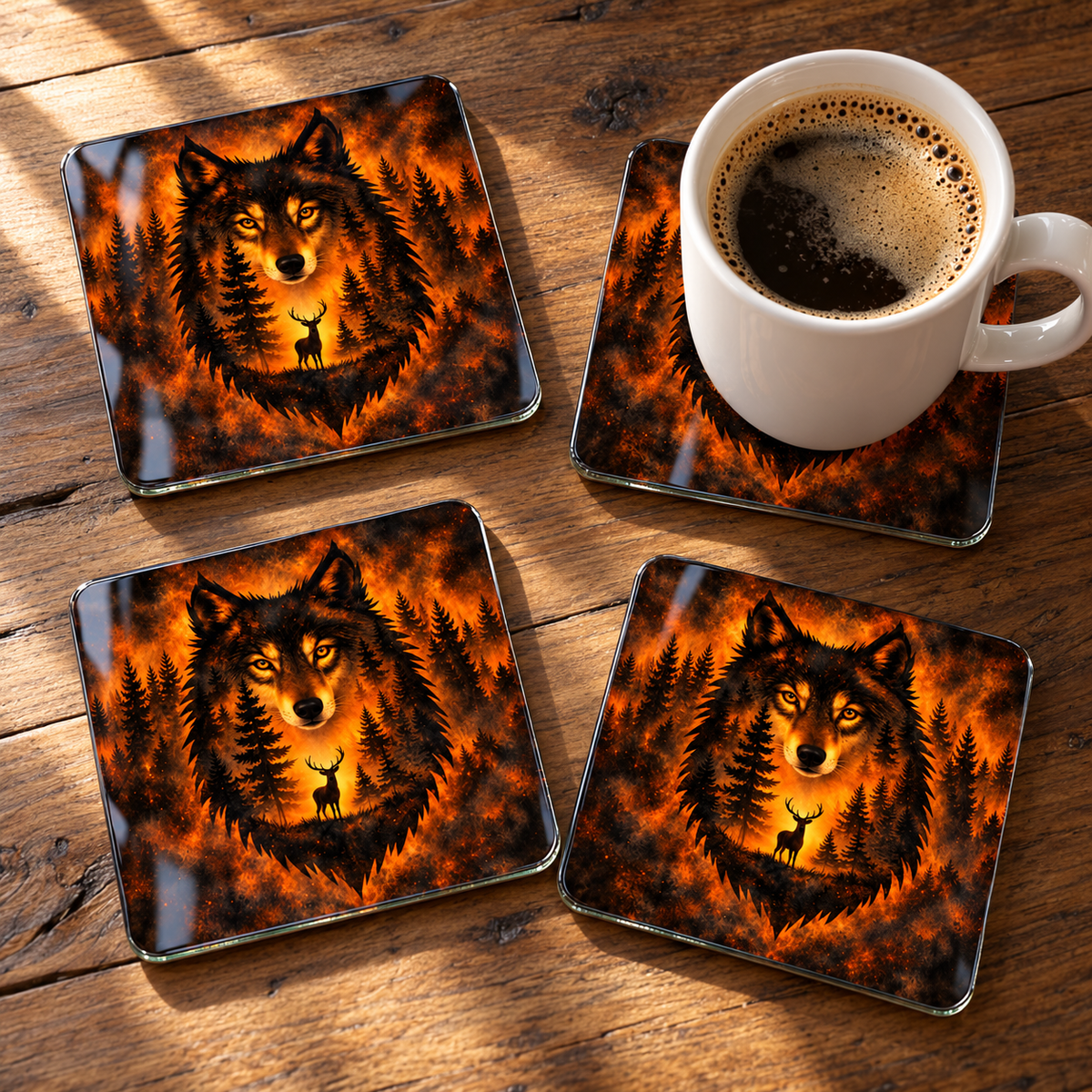 Amber Wilderness Wolf Square Glass Coasters – Set of 4