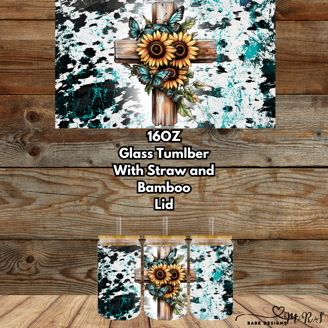 Turquoise Faith 16oz Glass Tumbler Collection – Bamboo Lid, Clear Straw, Western Crosses