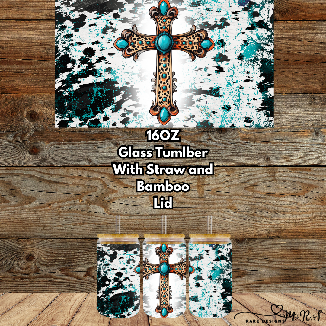 Turquoise Faith 16oz Glass Tumbler Collection – Bamboo Lid, Clear Straw, Western Crosses