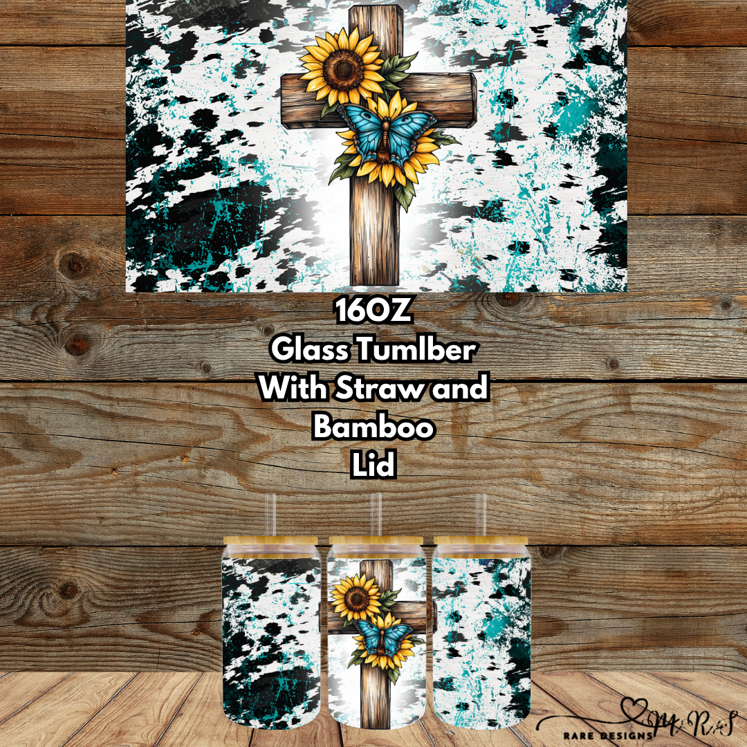 Turquoise Faith 16oz Glass Tumbler Collection – Bamboo Lid, Clear Straw, Western Crosses