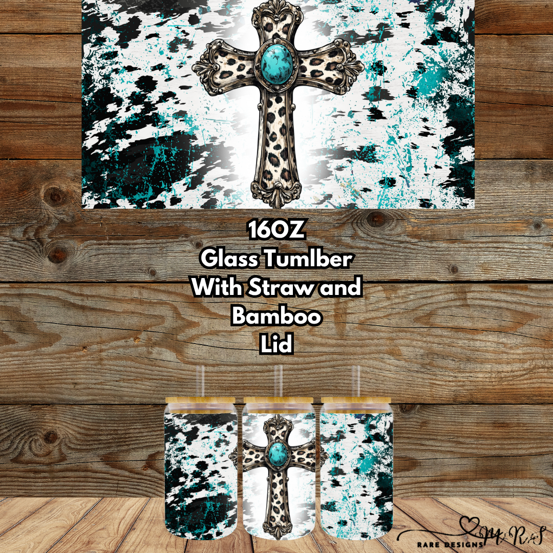 Turquoise Faith 16oz Glass Tumbler Collection – Bamboo Lid, Clear Straw, Western Crosses