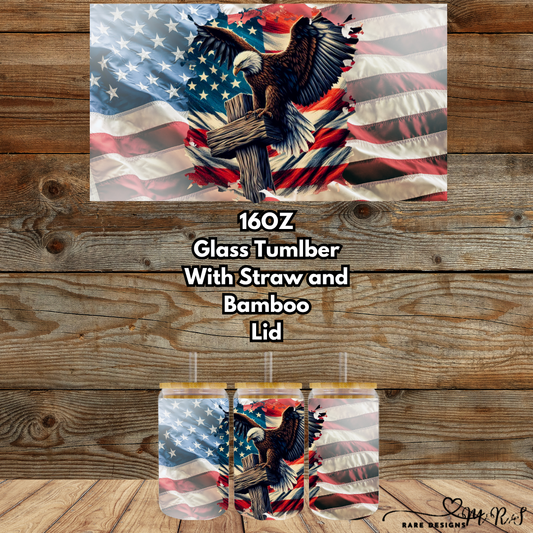 Patriotic Eagle 16oz Glass Tumbler with Bamboo Lid & Straw