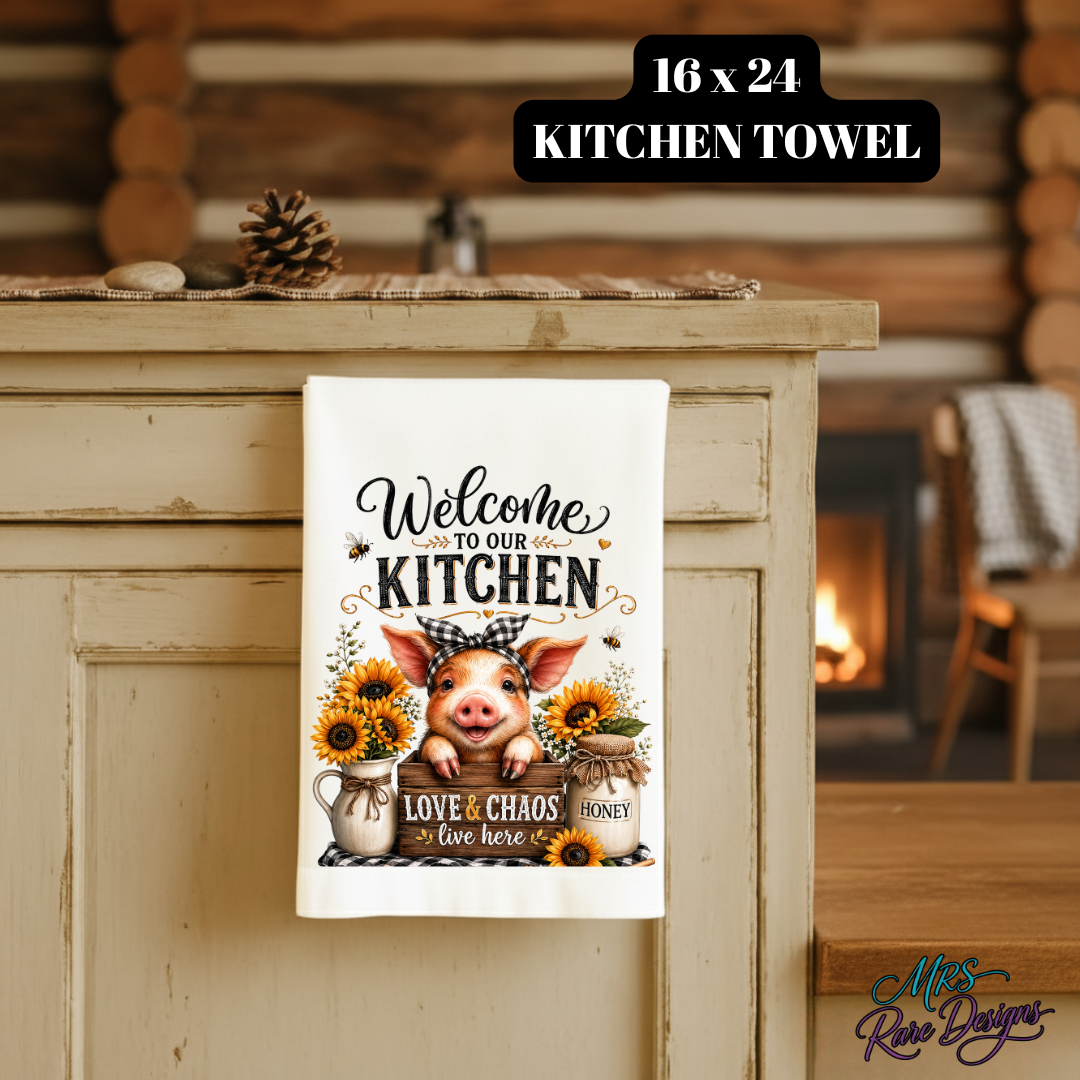 Sweet Chaos Farmhouse Piglet & Sunflower Kitchen Towel (16" x 24")