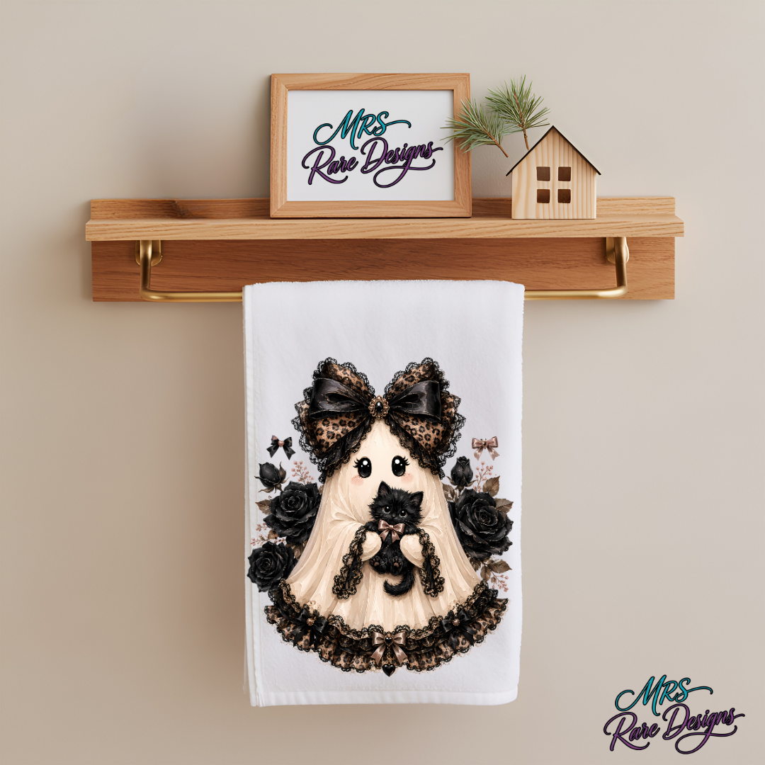 🖤 "Ghostly Goth Ghost & Kitten" Kitchen Towel — 16x24