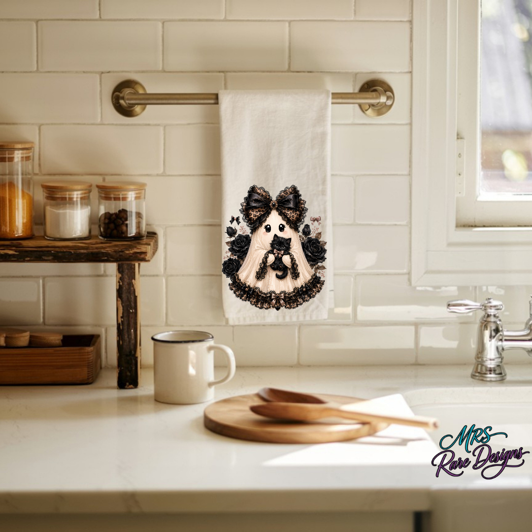 🖤 "Ghostly Goth Ghost & Kitten" Kitchen Towel — 16x24