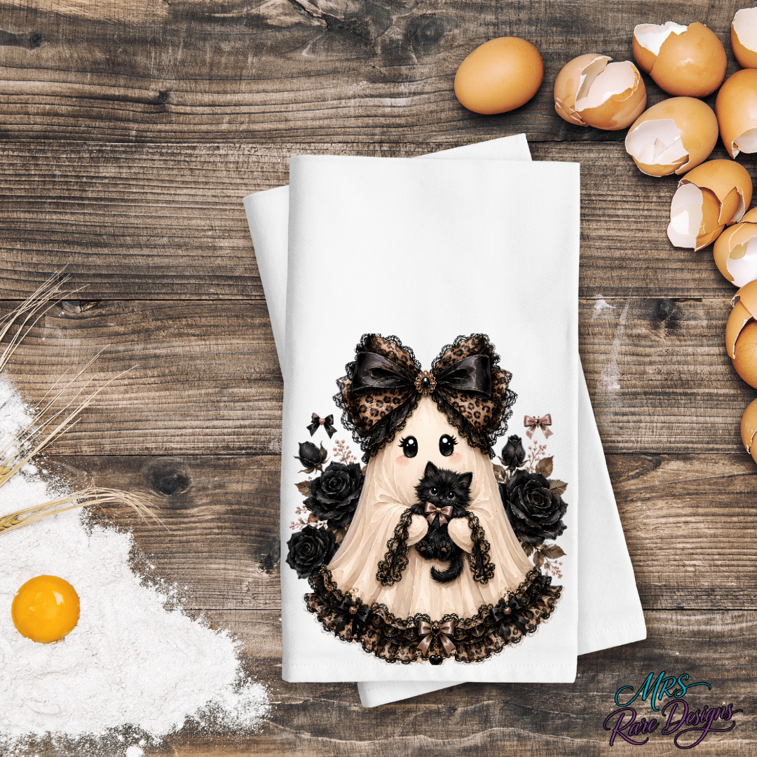 🖤 "Ghostly Goth Ghost & Kitten" Kitchen Towel — 16x24