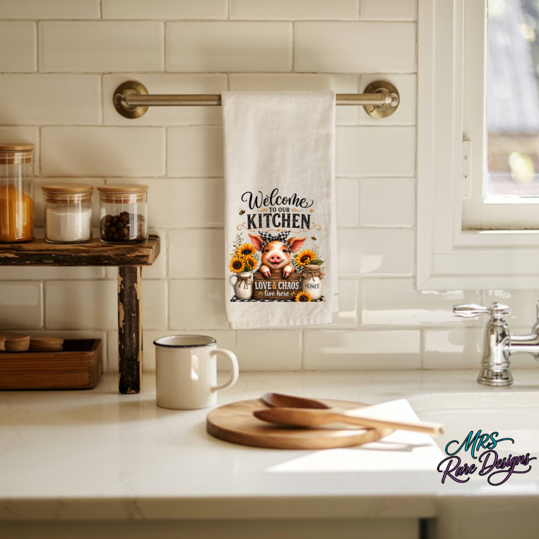 Sweet Chaos Farmhouse Piglet & Sunflower Kitchen Towel (16" x 24")