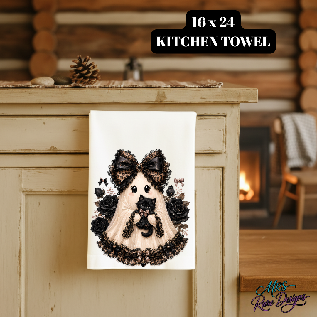 🖤 "Ghostly Goth Ghost & Kitten" Kitchen Towel — 16x24