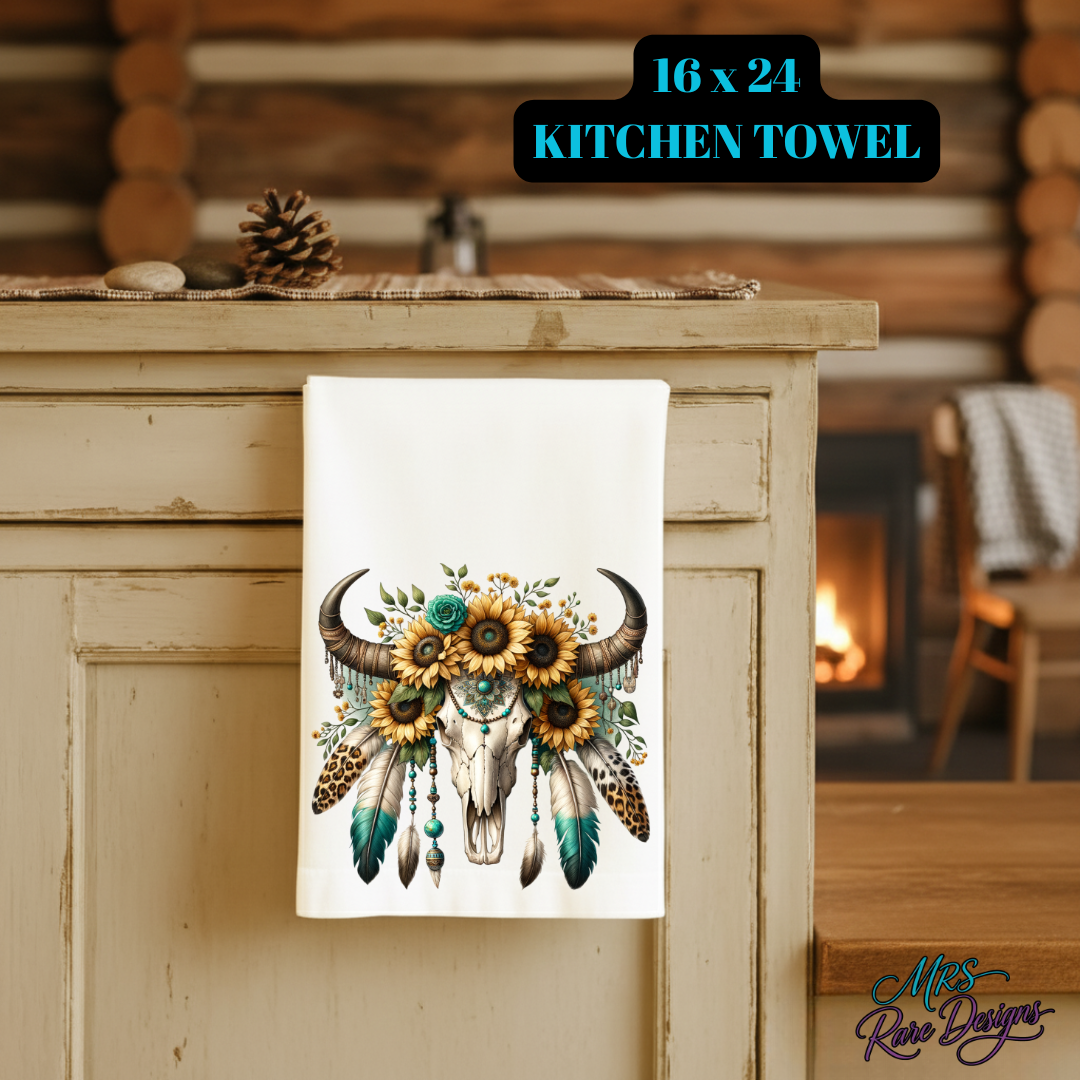 Boho Bull Skull Kitchen Towel 16x24 – Sunflower & Feather Western Decor Tea Towel