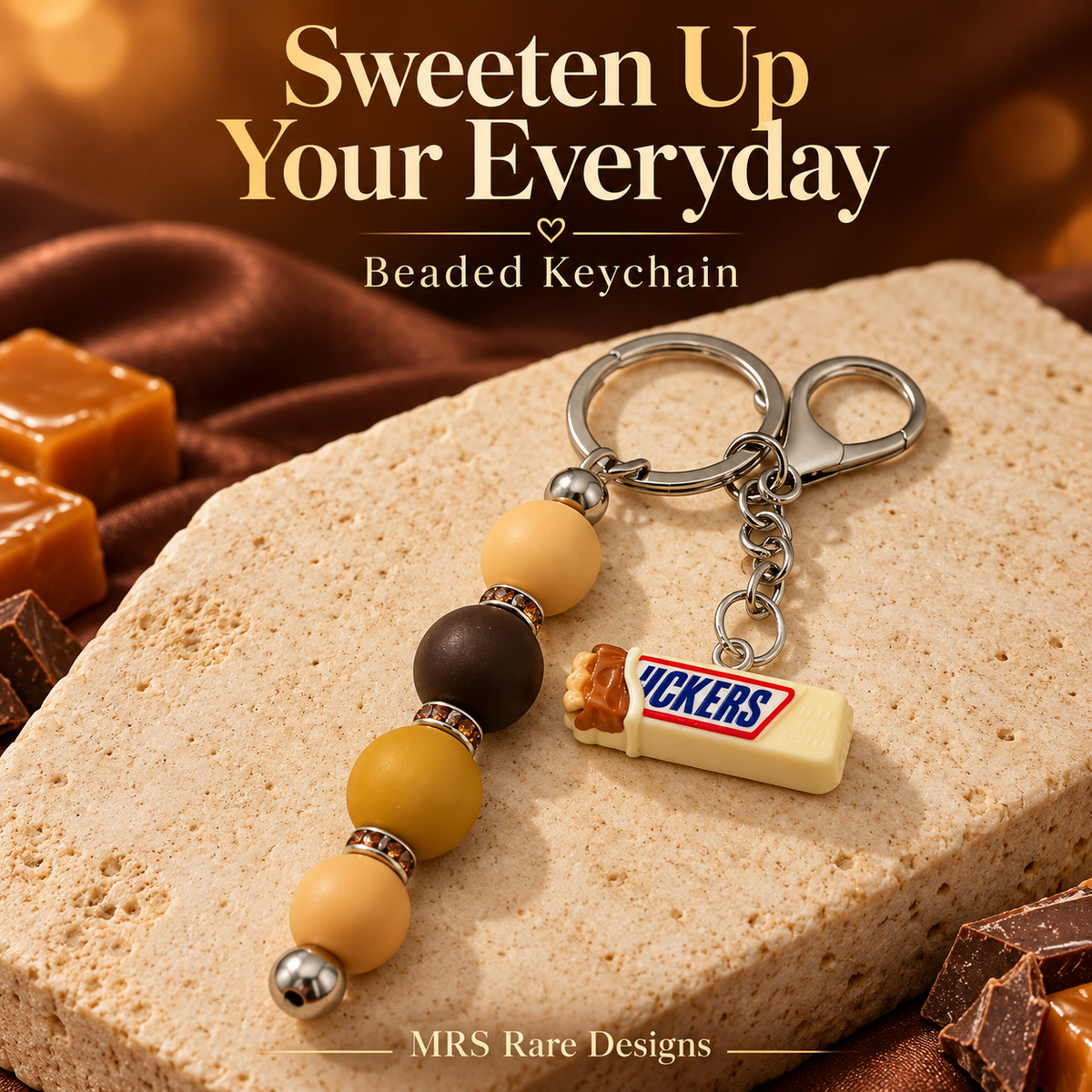 Golden Caramel Candy Charm Beaded Keychain