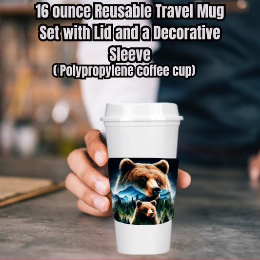 Mountain Bear Duo 16oz Reusable Travel Mug Set (White or Black) — Cup, Lid + Decorative Sleeve