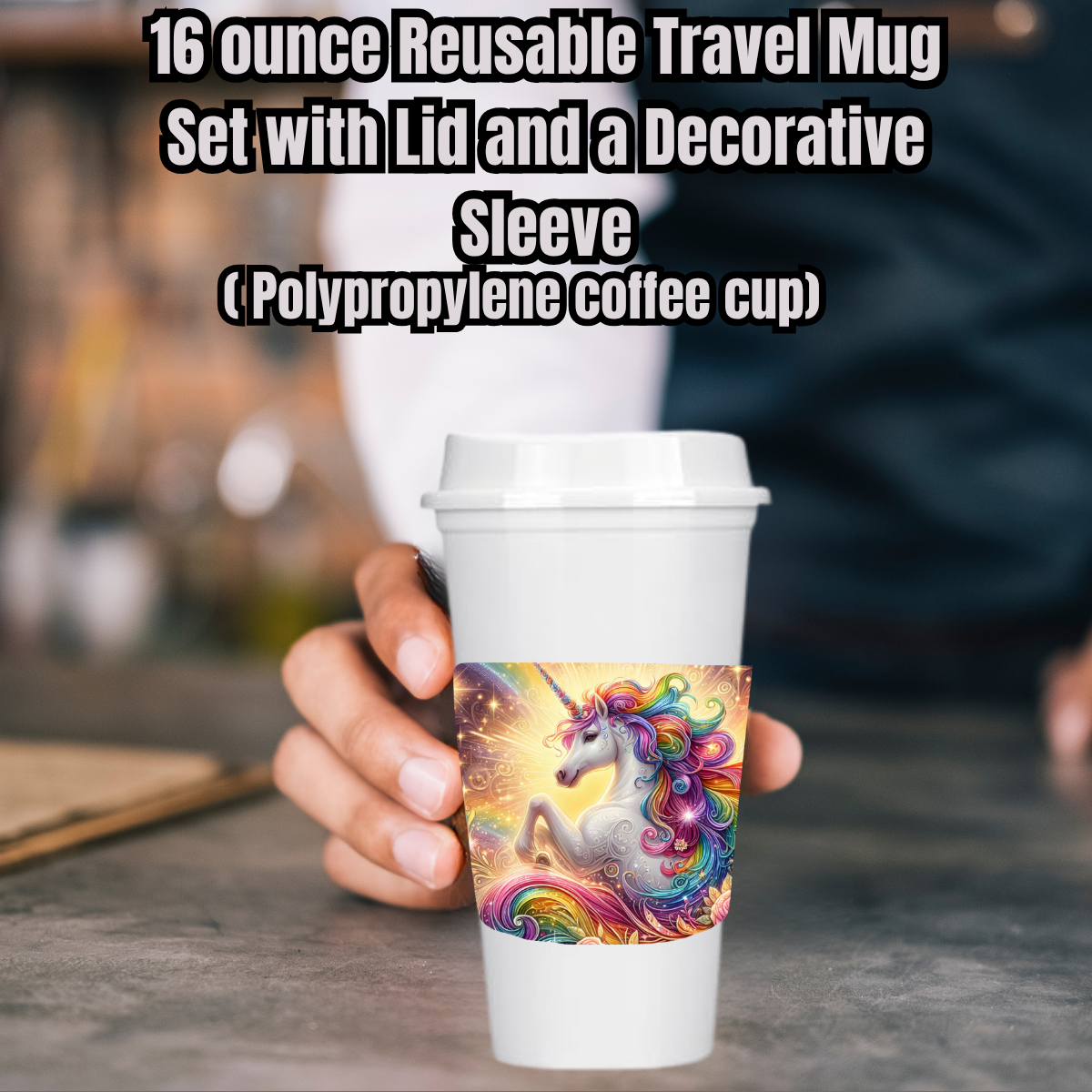 Starlight Unicorn 16oz Reusable Travel Mug Set (White or Black) — Cup, Lid + Decorative Sleeve